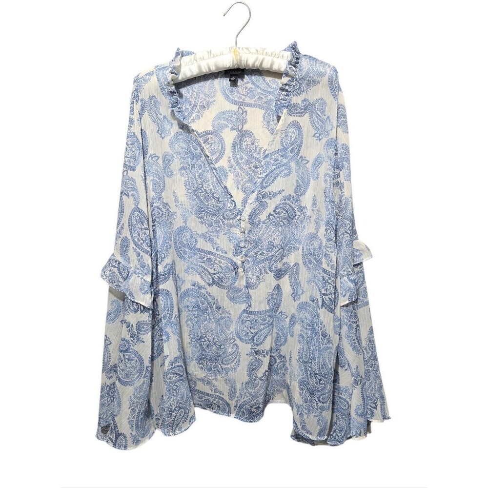 TORRID Chiffon V-Neck Ruffle Top Light Blue Paisley Women's Sheer Blouse 2X